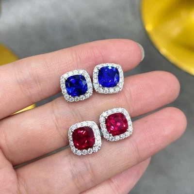 1.2CT Lab-Created Sapphire/Ruby STUD EARRINGS 18KWHITE GOLD ROUND CUT SCREW-BACK - Image 1 of 4