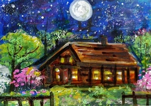 ACEO Original PAINTING Spring TREE Night Sky Moon CABIN Nature Landscape ATC ART - Afbeelding 1 van 1
