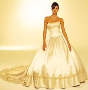 Justin Alexander Oyster Satin Cathedral Train Embellished Wedding Dress Sz 6 NWT - Picture 1 of 12