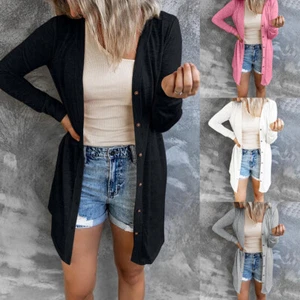 Women's Cardigan Long Sleeve Open Front Jacket Buttons Casual Loose Top Blouse - Picture 1 of 28
