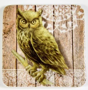 Glazed Ceramic Tile Coaster Great Horned Owl Transfer Pattern 3.75" Square Cork - Picture 1 of 4