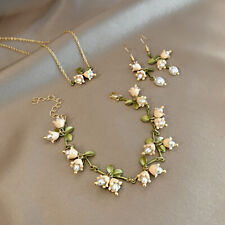 925 Silver Pearl Flower Women Earrings Bracelet Necklace Set Wedding Jewelry