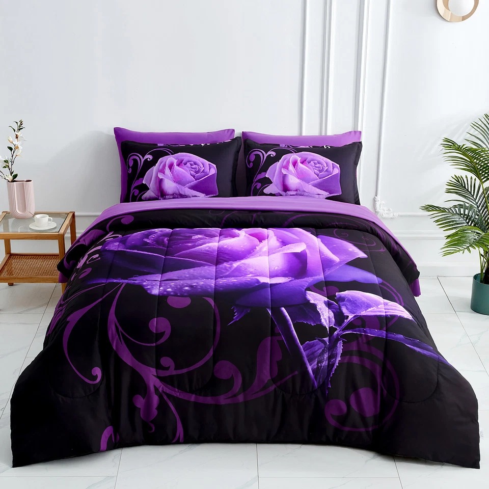 Juego de edredón de 7 piezas WONGS floral dorado negro Queen King ropa de cama de microfibra suave​ Foto 1 de 1