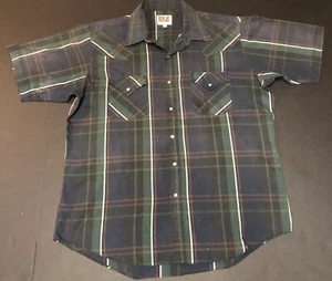 Camicia Ely Cattleman Pearl Snap taglia 16,5 Western Ranch cowboy rodeo verde blu H18 - Foto 1 di 5