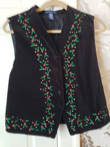 Karen Scott Black Cotton Velvet Christmas Holly Sleeveless Vest M Embroidered - Picture 1 of 8