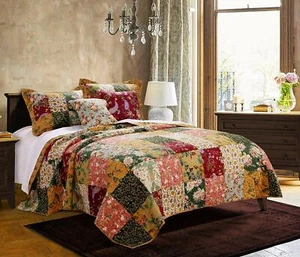 NEW! ~ COZY CHIC SHABBY GREEN BLUE BURGUNDY PINK ROSE RED BEDSPREAD QUILT SET - Picture 1 of 3