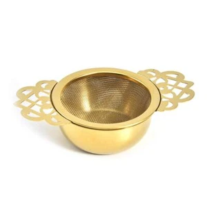 Gold Tea Strainers with Drip Bowl Fine Mesh Infuser Double Handle Teapot Mugs - Picture 1 of 5