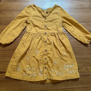 Beebay yellow corduroy long sleeve woodland embroidered button up dress SIZE 6 - Picture 1 of 4