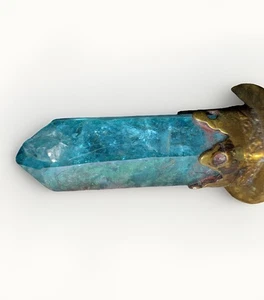 Antiker tibetischer Messing Stab Patina blau Apatit Spitze Tigerauge Sockel - Bild 1 von 14