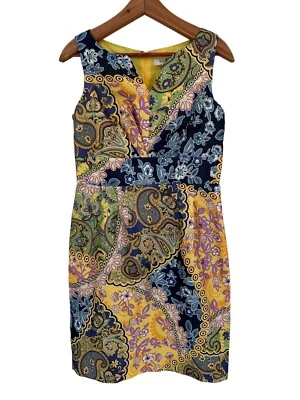 Dressbarn Dress Size 8 Sheath Short Blue Yellow Paisley Sleeveless Satin - Image 1 of 4