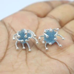 925 Sterling Silver Spike Shape Earrings With Natural Rough Aquamarine Studs - Picture 1 of 8