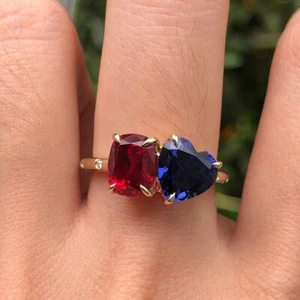 3.00Ct Heart Cut Natural Sapphire & Red Ruby Solitaire Ring 14K Yellow Gold - Picture 1 of 12