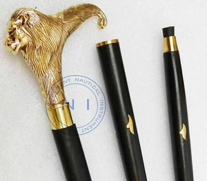 Brass Lion Golden Handle Style Vintage Walking Stick Wooden Cane Christmas Gift - Picture 1 of 4