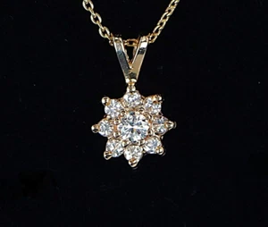 $1,850 14K Solid Yellow Gold Round Diamond Flower Pendant 18" Chain Necklace - Picture 1 of 7