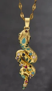 18K Gold Plated Rhinestone Snake Serpent Pendant 16" Necklace - Picture 1 of 15