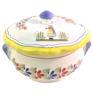 HB HENRIOT QUIMPER FRANCE XL SOUP TUREEN LID BRETON LADY 2 HANDLE NO LADLE XLNT! - Picture 1 of 12