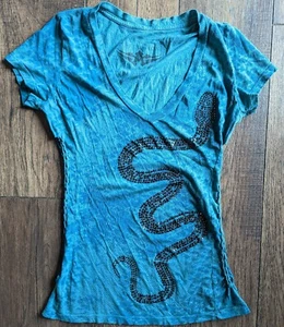 Affliction Women's Teal Tshirt W/ Black Rhinestone Snake & Side Cutouts Size Med - Picture 1 of 14