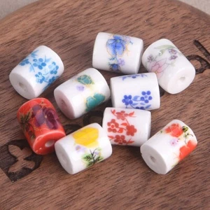 10pcs 10x8mm Cylinder Shape Flower Pattern Ceramic Porcelain Loose Beads - Picture 1 of 14