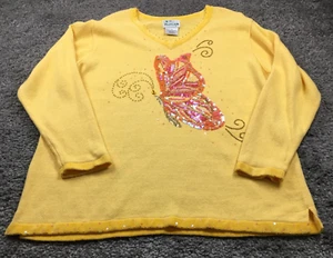 Quacker Factory Womens Sweater Sz 1X Yellow Sequin Butterfly Long Sleeve EUC - Picture 1 of 8