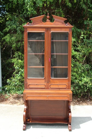 Unusual Walnut Victorian Secretary Desk Bookcase with Scroll Bottom Base Ca.1870 Cover