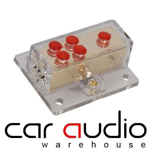 Gold 4 Way Earth Distribution Block - 1 x 4 AWG 20mm In - 4 x 8 AWG 8mm Out - Image 1 of 1