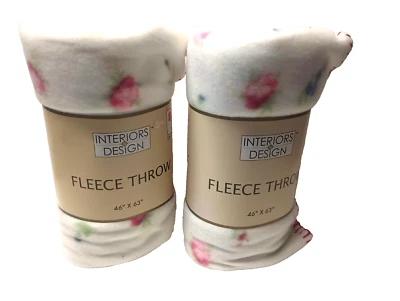 2x Mantas de vellón con diseño de interiores flores blancas cuadrados naturales 46"x 63" Foto 1 de 4