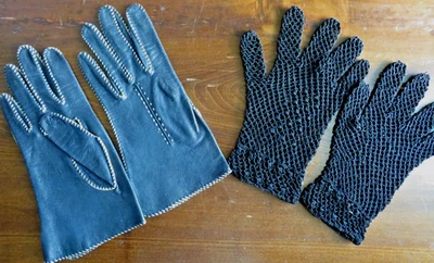 2 PARES DE GUANTES DE MUJER VINTAGE - CROCHET NEGRO Y CUERO COSIDO CON LÁTIGO Foto 1 de 4
