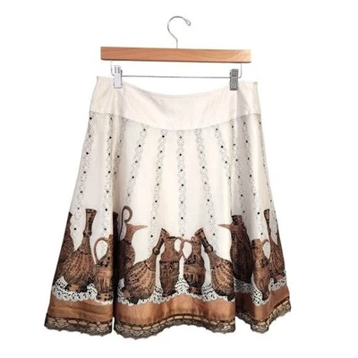Falda KAY UNGER Seda Cerámica Estampado Línea A Borde de Encaje Marfil Marrón Boho 12 Foto 1 de 4