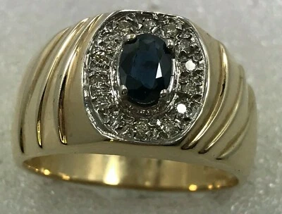 Anillo de diamantes y zafiros de 14 quilates - Anillo de diamantes y zafiros ovalados de oro de 14 quilates para hombre Foto 1 de 4
