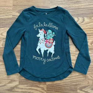 SO Softest Tee Girls Small 7 Christmas Long Sleeve Shirt Llama Cactus Green EUC! - Picture 1 of 7