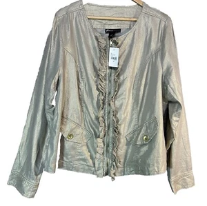 Lane Bryant Jacket SZ 16 Beige Liquid Gold Shimmer Ruffle Full Zip Party Holiday - Picture 1 of 8
