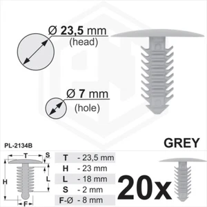 20 x Grey Plastic Fir Tree Trim Clips 7mm Hole, 23.5mm Head Car Push In Button - Picture 1 of 2