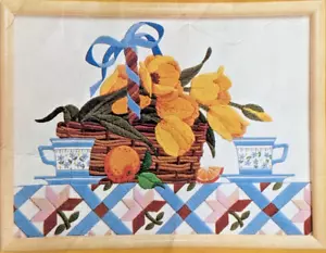 Vintage Crewel Kit Spring Bouquet 12”x16” Still Life w/ Tulips Orange & Quilt - Picture 1 of 4