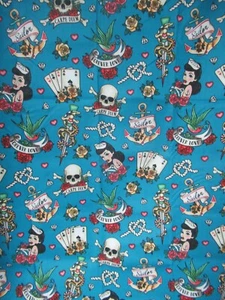 Sward Snake Rose Cards Pin Up Sailor Girl Skull Carpe Diem Cotton Fabric 1Y44" - Picture 1 of 10