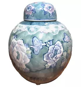 Vintage Ingwerglas - 6x5" Himmelblau Türkis - Floral Schmetterling Chinesisches Porzellan - Bild 1 von 12
