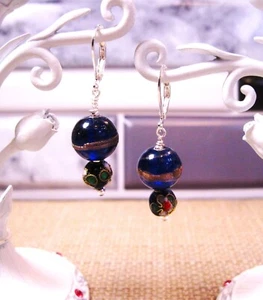 Lovely Sterling Silver Cloisonne & Cobalt Glass Lever Back Dangle Earrings F78 - Picture 1 of 2