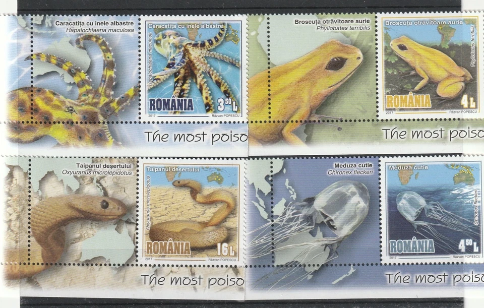 罗马尼亚邮票 2017 POISONOUS SNAKE FROG OCTOPUS SPIDER 全新标签 — 第 1/1 张图片