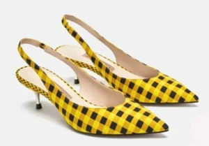 ZARA Women's Yellow/Black Gingham Slingback Pointed Toe Sandals Size 39 - Picture 1 of 9