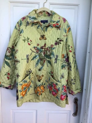 Jaqueta acolchoada de 2 bolsos j mclaughlin seda verde limão frutas e borboleta tamanho grande. - Imagem 1 de 4