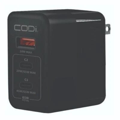 Cargador rápido de pared triple puerto Codi A01106 65W GaN, USB-C USB-A 20W+45W negro Foto 1 de 2
