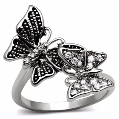 Two Butterfly Clear CZ set in One Stainless Steel Non Tarnish Band SZ 5-10 Foto 1 de 4