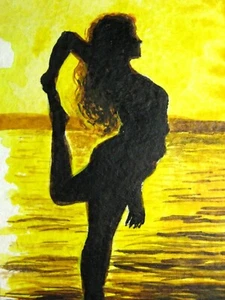 Watercolor Painting Ocean Sunset Woman Silhouette Sport Gymnastic ACEO Art - Picture 1 of 2