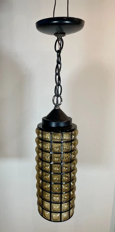Vintage Caged Amber Crackle Bubble Glass Swag Hanging Pendant Light USA Cover
