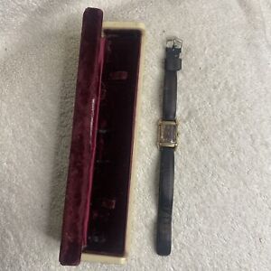 Vintage Bulova Art Deco Rectangle Wristwatch 14K Gold Filled Leather Band Case