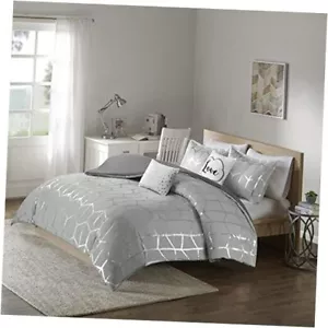 Raina Duvet Set Metallic Print Geometric Style King/Cal King Grey/Silver - Picture 1 of 7