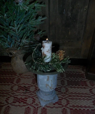 Primitive Old Candle Light,  Rustic Old Spindle - Aged Wax Candle, Faux Greens - Image 1 of 4