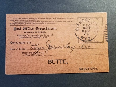 DIAMONDVILLE, UINTA County, WYOMING 1907 Registry Receipt to BUTTE, MONTANA - Image 1 of 2
