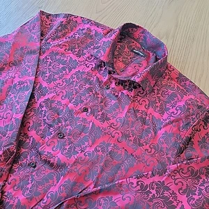 Barry Wang Long Sleeve Shirt 3XL Floral Red Black Metallic Shiny Silk Button Up - Picture 1 of 11
