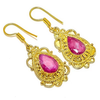 Pendiente antiguo enchapado en oro amarillo de 18k con piedras preciosas de rubí (simulado) 1,76" E7-417 Foto 1 de 3