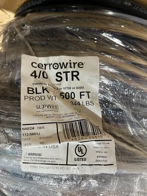 PER FOOT CERROWIRE 4/0 AWG THHN COPPER BLACK WIRE 600V MFG 2011